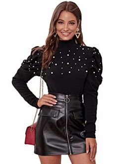 Women's Elegant Puff Long Sleeve Pearl/Solid Stand Collar Keyhole Back Slim Fit Blouse