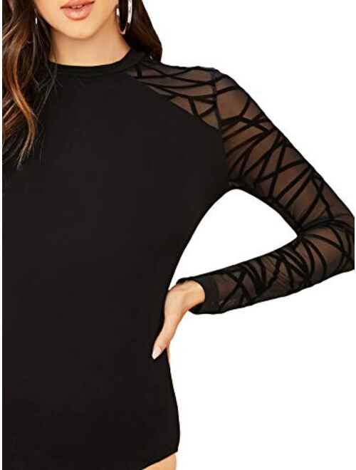 Romwe Women's Casual Geo Print Mesh Long Sleeve Stretchy Sexy Party Bodysuit