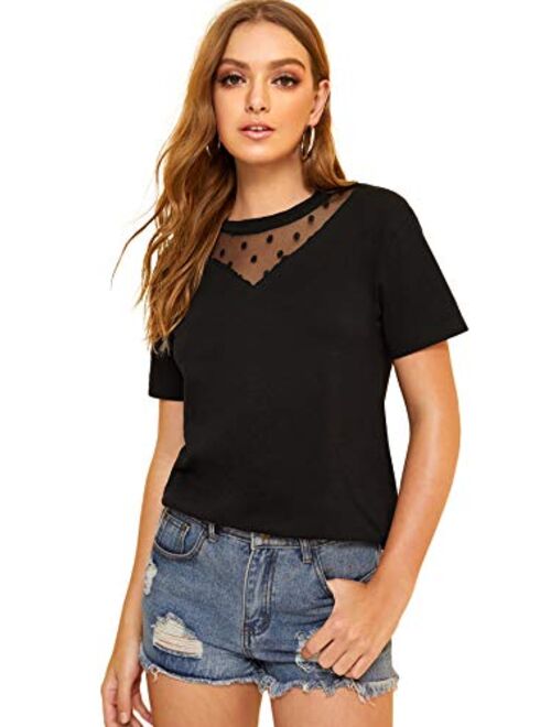 Romwe Women's Cotton Contrast Mesh Short Sleeve Summer Top T-Shirt