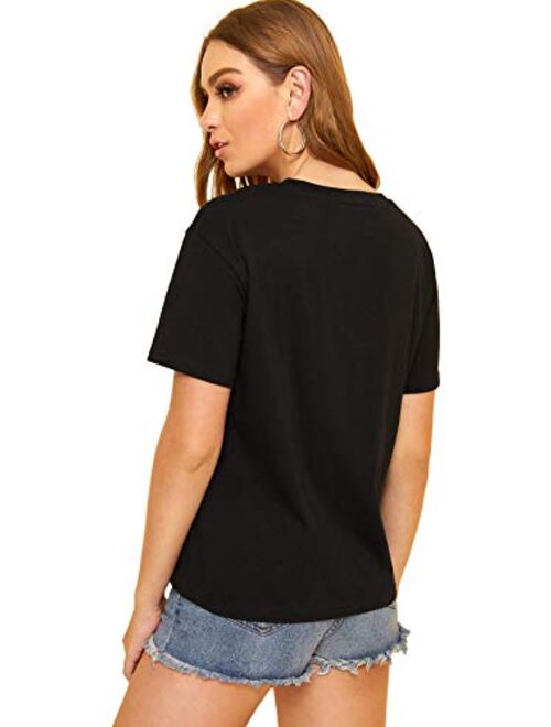Romwe Women's Cotton Contrast Mesh Short Sleeve Summer Top T-Shirt