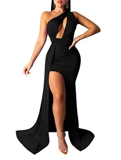 LAGSHIAN Sexy Elegant One Shoulder Thigh High Slit Cutout Long Evening Dress