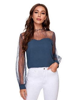 Women's Elegant Mesh Long Sleeve Sweetheart Neck Casual Chiffon Blouse Top