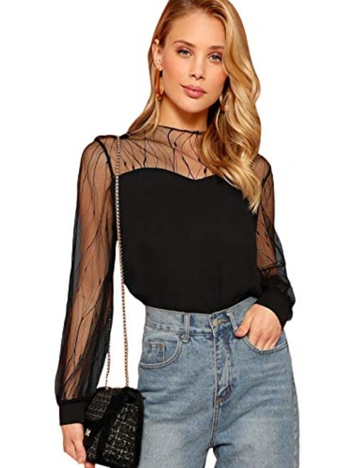 Romwe Women's Elegant Mesh Long Sleeve Sweetheart Neck Casual Chiffon Blouse Top