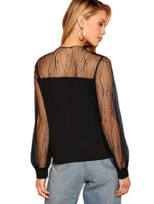 Romwe Women's Elegant Mesh Long Sleeve Sweetheart Neck Casual Chiffon Blouse Top