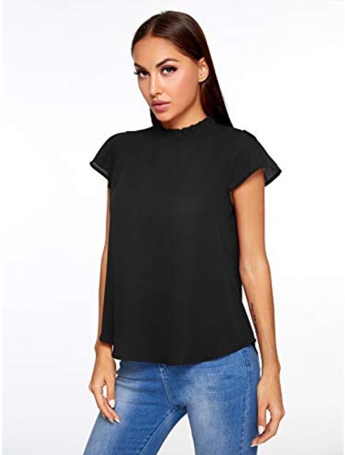 Romwe Women's Elegant Short Sleeve Mock Neck Workwear Blouse Top Shirts