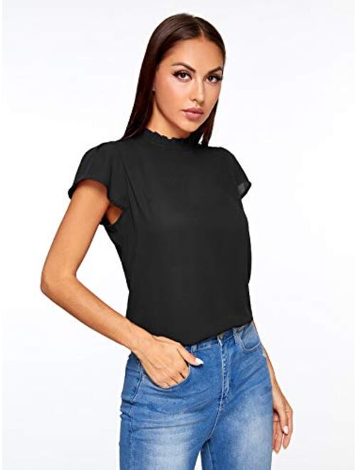 Romwe Women's Elegant Short Sleeve Mock Neck Workwear Blouse Top Shirts