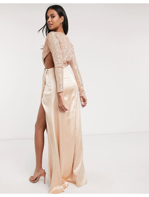 Virgos Lounge wrap skirt maxi dress with embellished draped bodice in rose gold