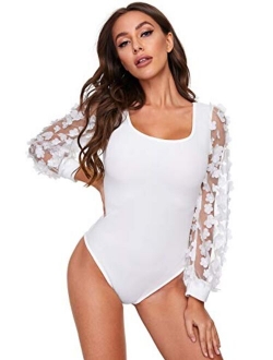 Women's Elegant Square Neck Floral Applique Mesh Sleeve Bodysuit Jumpsuit