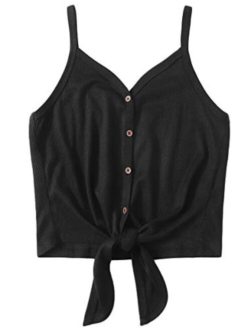 Romwe Women's Button Up Sleeveless Tie Front Knot Casual Loose Tee T-Shirt Crop Top
