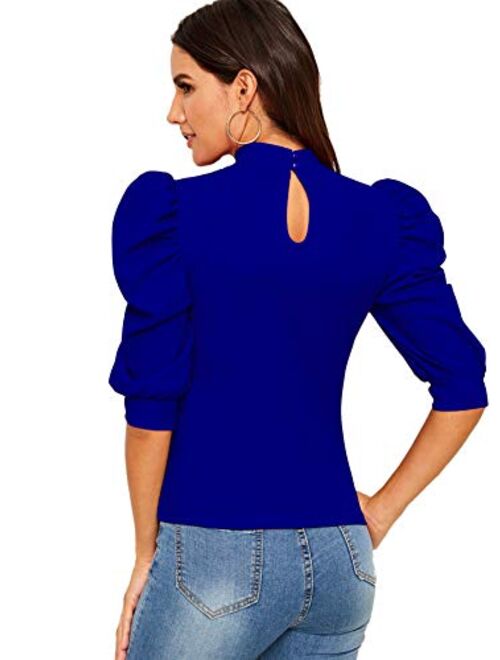 Romwe Women's Puff Half Sleeve Mock Neck Keyhole Back Slim Fit Blouse Tops