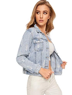 Long Sleeve Pockets Washed Distressed Denim Jean Jacket