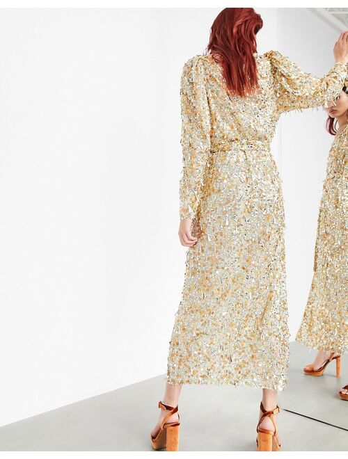 ASOS EDITION disc and teardrop sequin wrap midi dress in gold