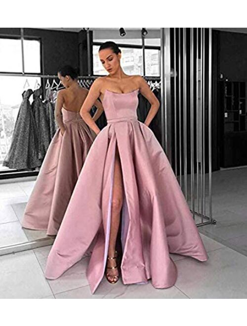 Ever-Beauty Strapless Satin Front High Slit Prom Evening Ball Gown With Pockets