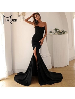 Miss ord Strapless Asymmetric Front Slit Wedding Evening Party Maxi Dress