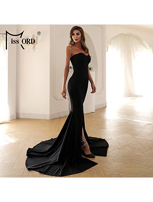 Miss ord Strapless Asymmetric Front Slit Wedding Evening Party Maxi Dress