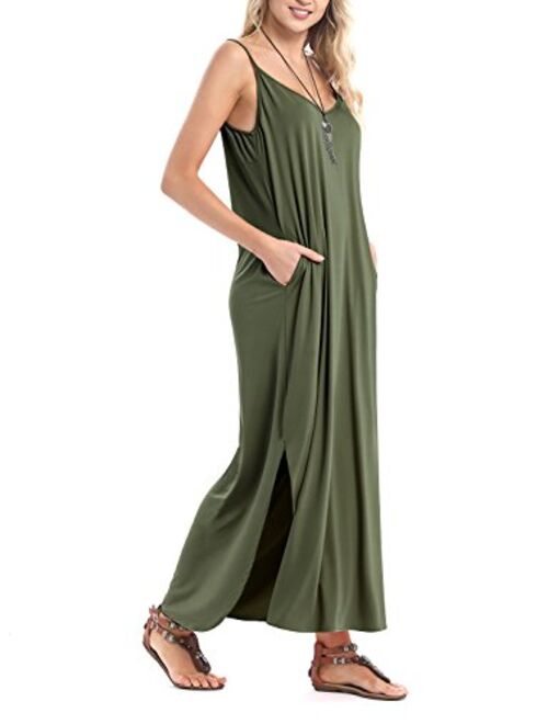 HUSKARY V Neck Strappy Short Slit Loose Beach Cover Up Long Cami Maxi Dresses With Pocket