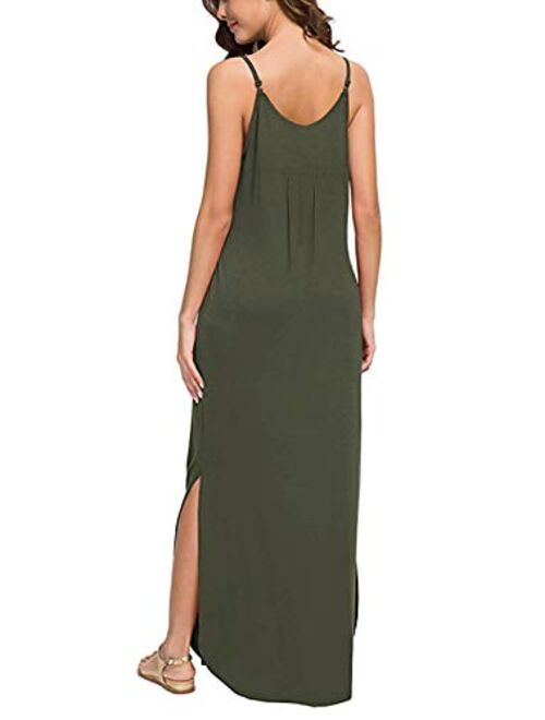 HUSKARY V Neck Strappy Short Slit Loose Beach Cover Up Long Cami Maxi Dresses With Pocket