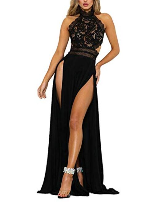 Women Sexy Floral Mesh Lace See Through Backless Double High Split Evening Party Maxi Dress
