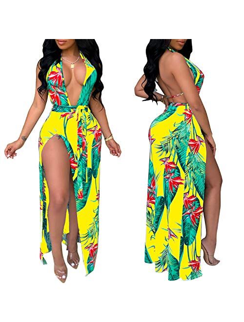 Women's Sexy Deep V Neck Backless Floral Beach Dress Double Slit Maxi Party Dress