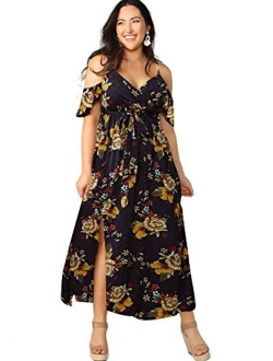 Women Plus Size Cold Shoulder Floral Maxi Bohemian Split Dress