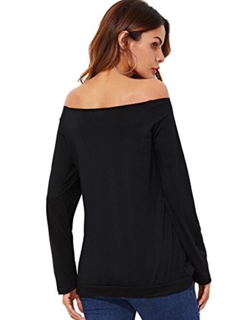 ROMWE Women's Raw Cut Off the Shoulder Long Sleeve Tee Shirt Top Blouse