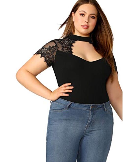 Romwe Women's Plus Size Chocker Lace Short Sleeve Deep Sweetheart Neck Slim Skinny Blouse Tops Shirt