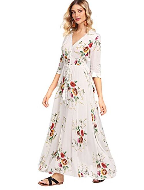 Milumia V Neck Button Up Front Slit Floral Print Flowy Party Maxi Dress