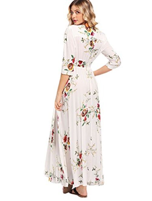 Milumia V Neck Button Up Front Slit Floral Print Flowy Party Maxi Dress
