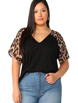 Women's Plus Size V-Neck Leopard Raglan Short Sleeve Blouse Casual Loose Shirt Tops Black-Blue