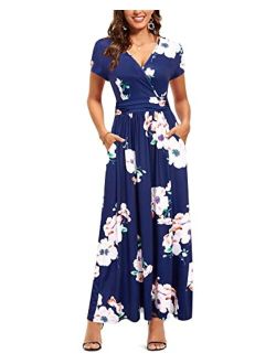 OUGES V-Neck Floral Print Side Hidden Zipper Long Maxi Summer Dress With Pocket