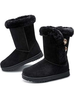 Womens Winter Snow Boots Short Mid Calf Fashion Boot Art Resin Button Faux Suede Boots for Women