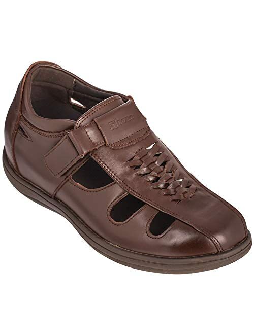 TOTO Men's Invisible Height Increasing Elevator Shoes - Leather Slip-on Super Lightweight Open-Toe Sandals - 3.2 Inches Taller