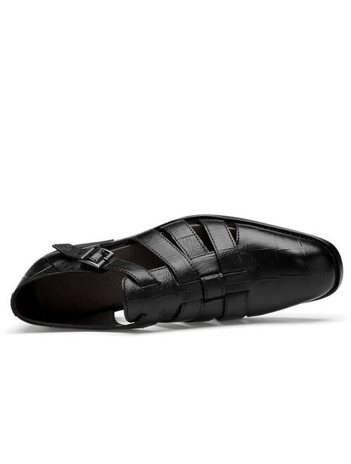 Men's Dress Formal Sandals Shoes Hollow out Buckle Leather Flats Gentleman Vogue