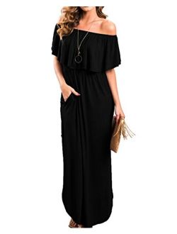 Womens Floral Off The Shoulder Dresses Summer Casual Ruffle High Waist Slit Long Maxi Dress with Pockets
