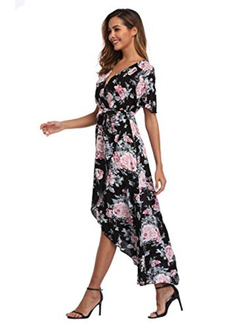 VintageClothing Wrap V Neck Floral High Low Summer Casual Maxi Dresses