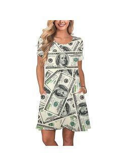 KYKU Dollar Bill Money Dresses for Women 3D Print Dress Short Sleeve with Pockets