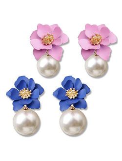 D.Rosse 2 Pairs Chic Boho Matte Flower Statement Stud Earrings Set with Gold Flower Bud for Women Sister Mom Lover and Friends