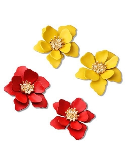 D.Rosse 2 Pairs Chic Boho Matte Flower Statement Stud Earrings Set with Gold Flower Bud for Women Sister Mom Lover and Friends