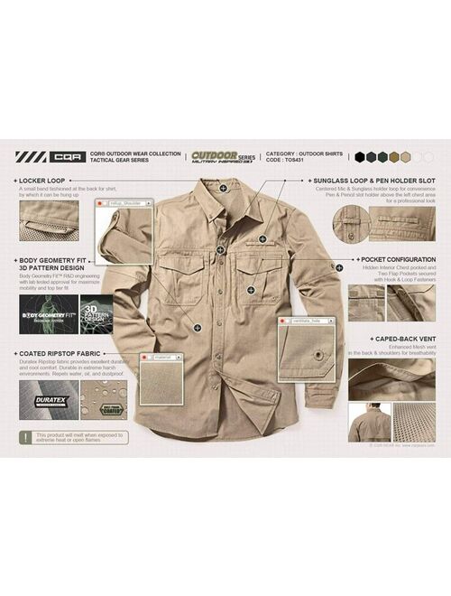 CQR Men's Long Sleeve Work Shirts, Ripstop Military Tactical Shirts, Outdoor UPF