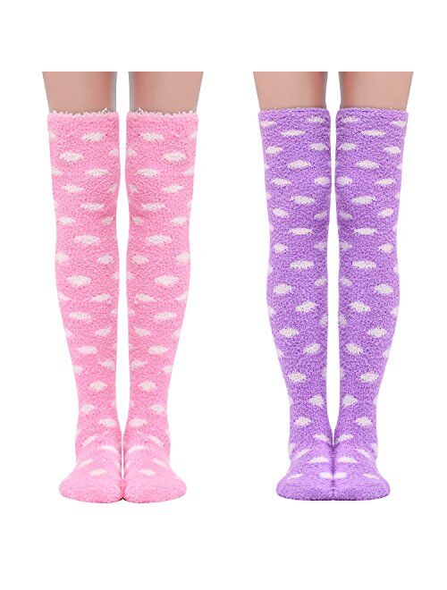 Littleforbig Cute Coral Fleece Thigh High Long Dotted Socks 2 Pairs