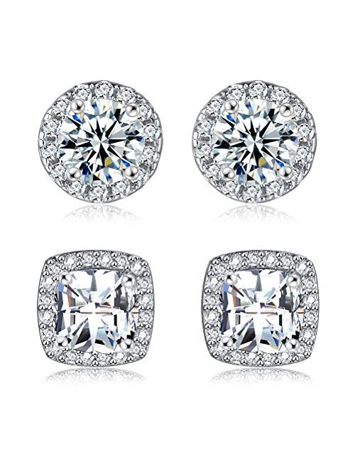18K White Gold Plated Round Square Cubic Zirconia Simulated Diamond Halo Stud Earrings (2 Pairs)
