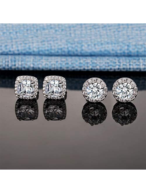 18K White Gold Plated Round Square Cubic Zirconia Simulated Diamond Halo Stud Earrings (2 Pairs)