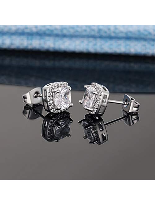 18K White Gold Plated Round Square Cubic Zirconia Simulated Diamond Halo Stud Earrings (2 Pairs)