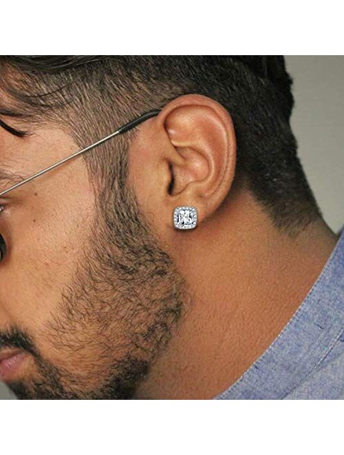 18K White Gold Plated Round Square Cubic Zirconia Simulated Diamond Halo Stud Earrings (2 Pairs)