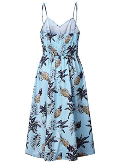 ECHOINE Floral Boho Spaghetti Strap Button Down Swing Midi Summer Beach Dress With Pockets