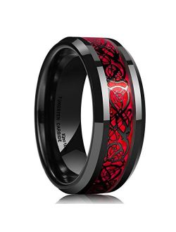 King Will DRAGON Men's 8mm Red Carbon Fiber Black Celtic Dragon Tungsten Carbide Ring Comfort Fit Wedding Band