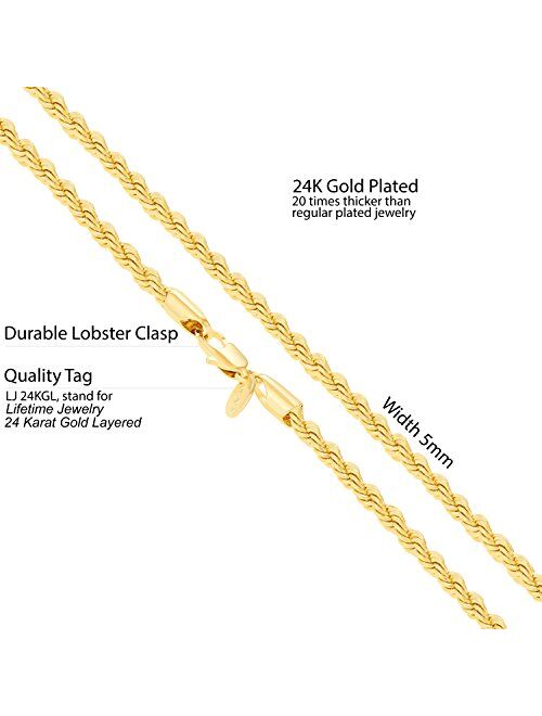 Lifetime Jewelry 5mm Rope Chain Necklace 24k Real Gold Plated for Men Women Teen