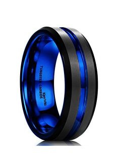 King Will Mens Black Matte Finish Tungsten Carbide/Tungsten Silicone Set Ring Blue Wedding Band