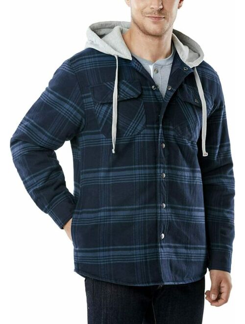 CQR Mens Hooded Quilted Lined Flannel Shirt Jacket, Long Sleeve Plaid Button Up