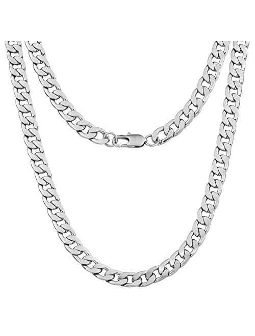 Silvadore 9mm Curb Mens Necklace - Silver Chain Flat Cuban Stainless Steel Jewelry - Neck Link Chains for Men Man Boys Male Heavy Military - 18 20 22 24 inch